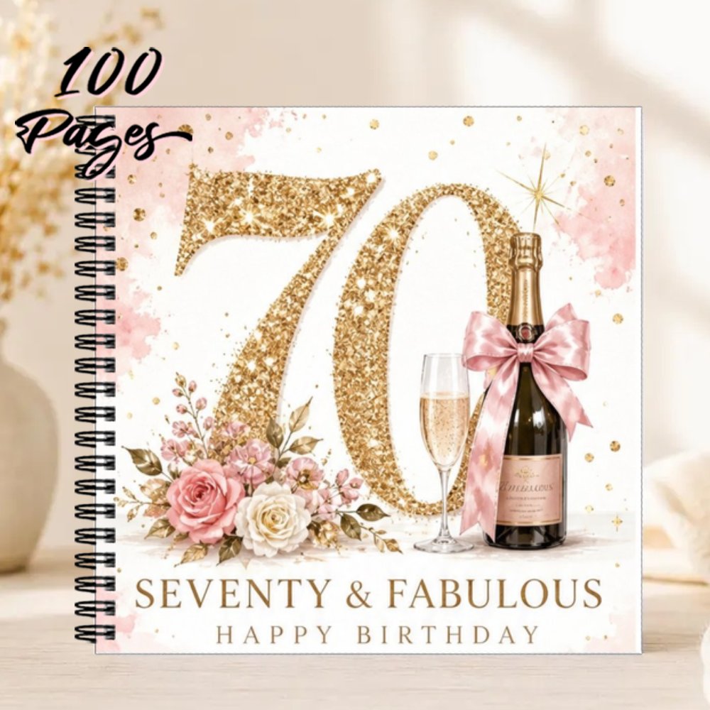 TEMU 1pc 20x20cm Birthday Guestbook, 70th Birthday Guest Book, Pink Golden And Fabulous Floral Glitter Guest Book For Birthday Party - Keepsake