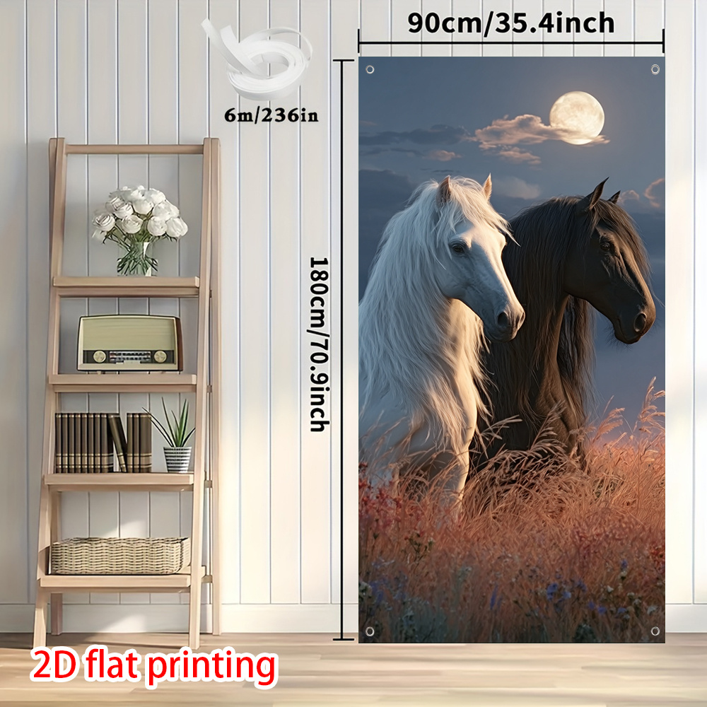 TEMU 2d Flat, 2d Door Banner, 1pc 2d Horse & Moon Wall/door Banner - White & Brown Horses Under Night Sky, Realistic Flat Print Effect, Removable