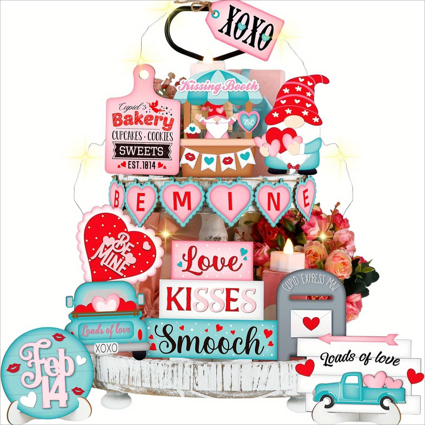 

16pcs Vintage Wooden Valentine's Day Tiered Tray Decor Set - Rustic Farmhouse Heart & Love Themed Tabletop Signs For Wedding, No Electricity Or Battery Needed