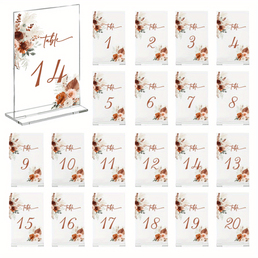 TEMU 20-pack Elegant Floral Table Numbers - Wedding, Party, Banquet Decorations - Acrylic Table Centerpieces With Floral Pattern In Brown/white/beige