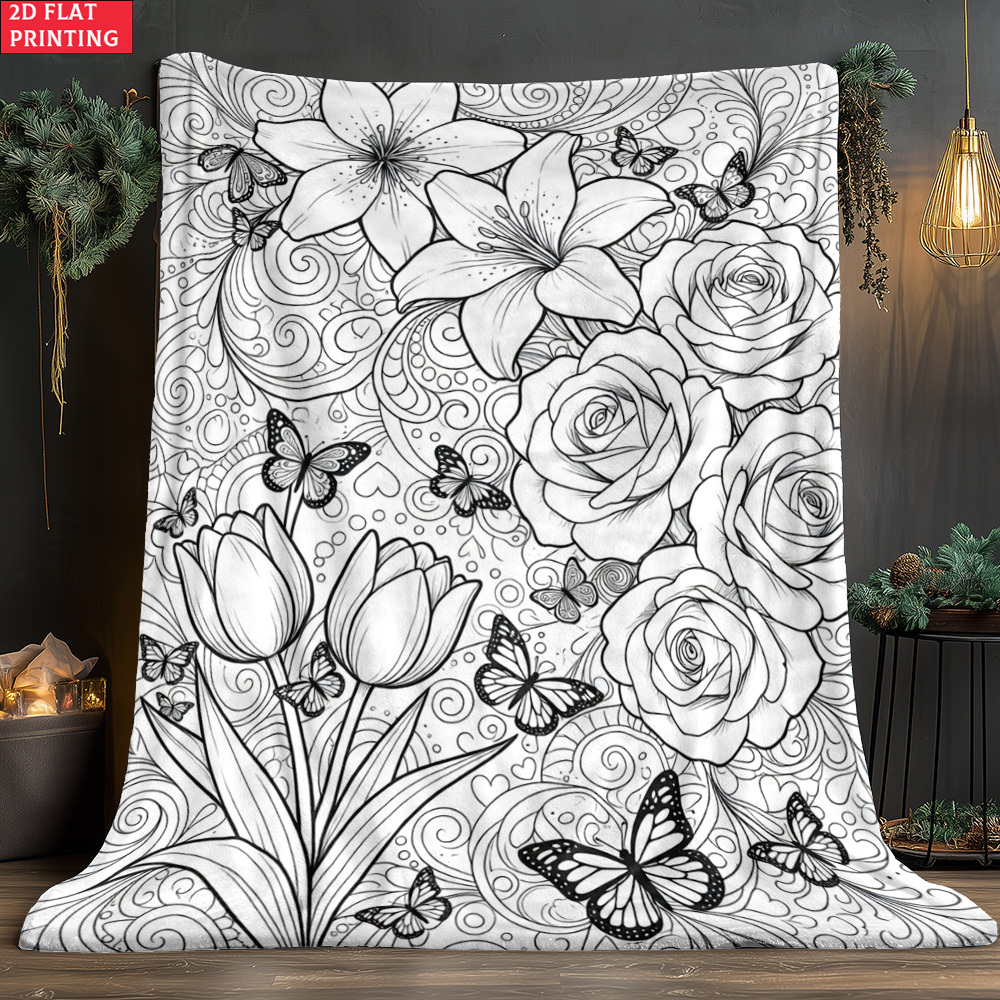 TEMU 2d Flat 1pc Floral Butterflies Outdoor Portable Blanket-lightweight Home Furnishings Bedding Blanket Suitable For Travel Camping Living Rooms