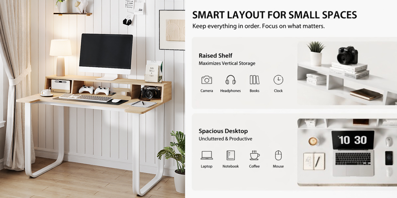 43' Computer Desk with Storage Shelf, Modern Writing Desk with Ergonomic Notch, Stable Steel Frame Workstation for Home Office, Study, Gaming, Quick Assembly, Supports 165 LBS