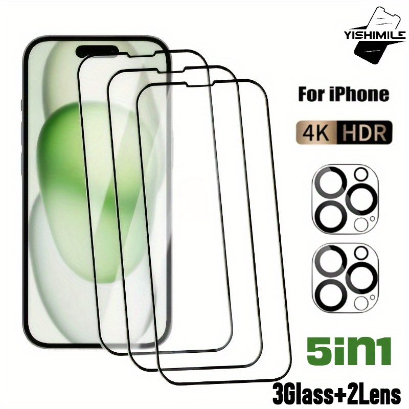 TEMU 3pcs Tempered Glass Screen Protector 2pcs Camera Lens Protective Film, , Full Cover, Glossy, Scratch Resistant, Hd Display, Suitable For Iphone