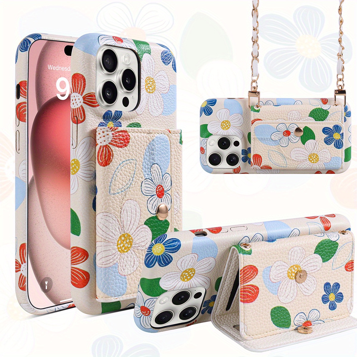 TEMU Phone Case: Stylish Flower Case For Iphone 16e 11 12 13 14 15 Pro Max Plus Pu Leather Long Lanyard Mirror Card Holder Unisex Style