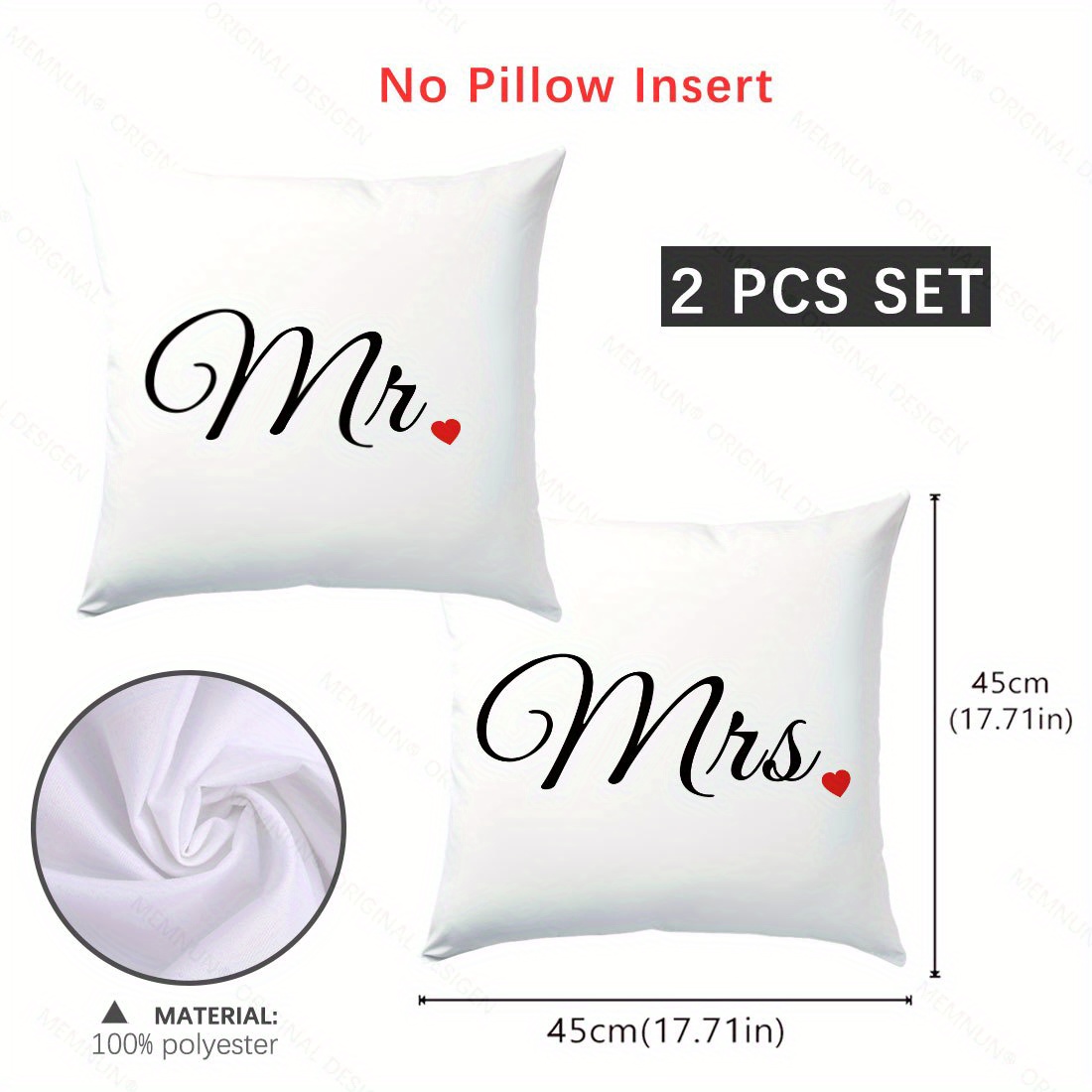 Image of 2pcs, Couple Mr&mrs "" Heart Print Pillowcases, (11.81in*19.71in/30cm*50cm, 17.71in*17.71in/45cm*45cm) Wedding Anniversary Gift, Decorative Pillow Covers For Living Room, Bedroom, Sofa Cushion Covers