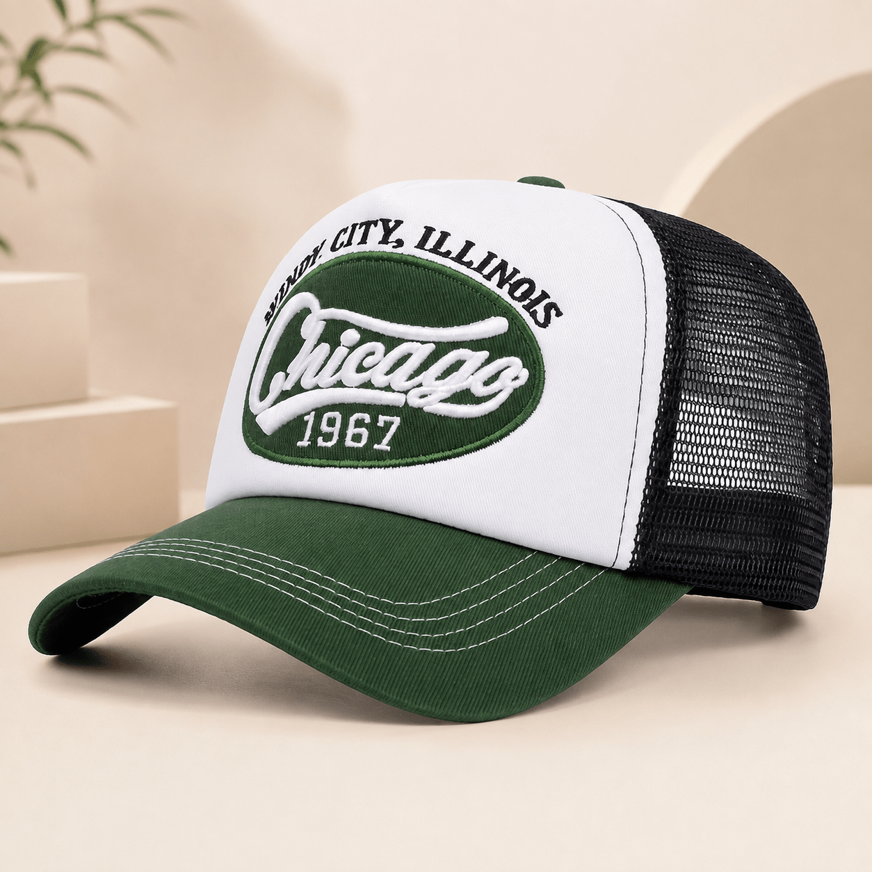 TEMU 1pc Meirunsen Men' & Women' Vintage Chicago Style Trucker Cap - Adjustable Baseball Hat With Embroidered, Mesh Back, Curved Brim, Retro Suitable
