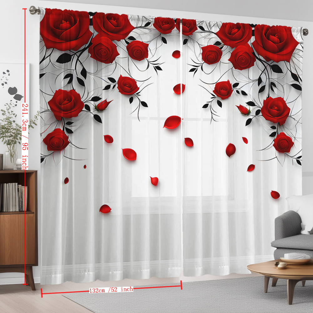 2pcs Home Decoration Curtain White Valentine's Day Big Red Rose Leaves Flowing Window Curtain Suitable For Kitchen, Coffee Shop, Living Room, Dining Room, Balcony, Garden, Bedroom