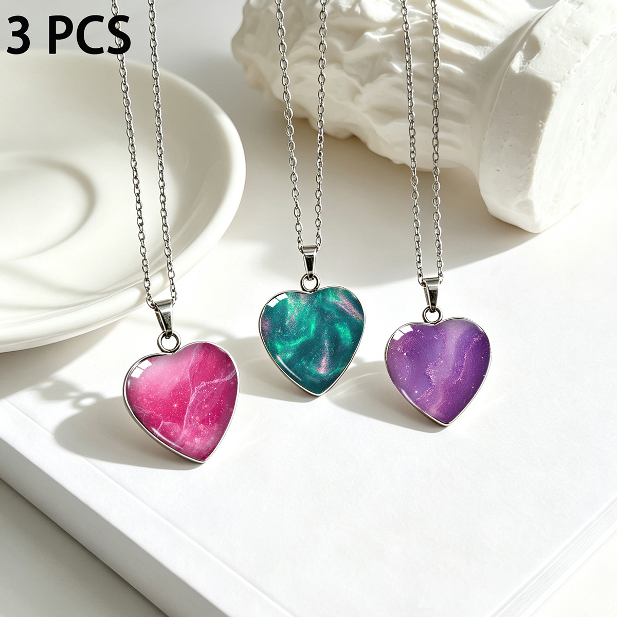 TEMU 3pcs Heart-shaped Stainless Steel Water Drop Necklace Set, Pinkish-green Purple Nebula Fluid Gradient Heart Glass Pendant Girl Unisex Clavicle
