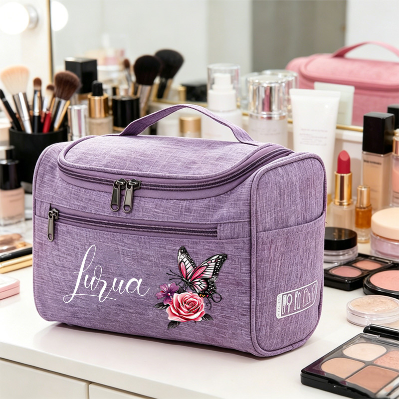 TEMU Trousse de toilette personnalisée avec nom, sac à main portable de grande , imprimé esthétique papillon rose et cœur , organisateur suspendu