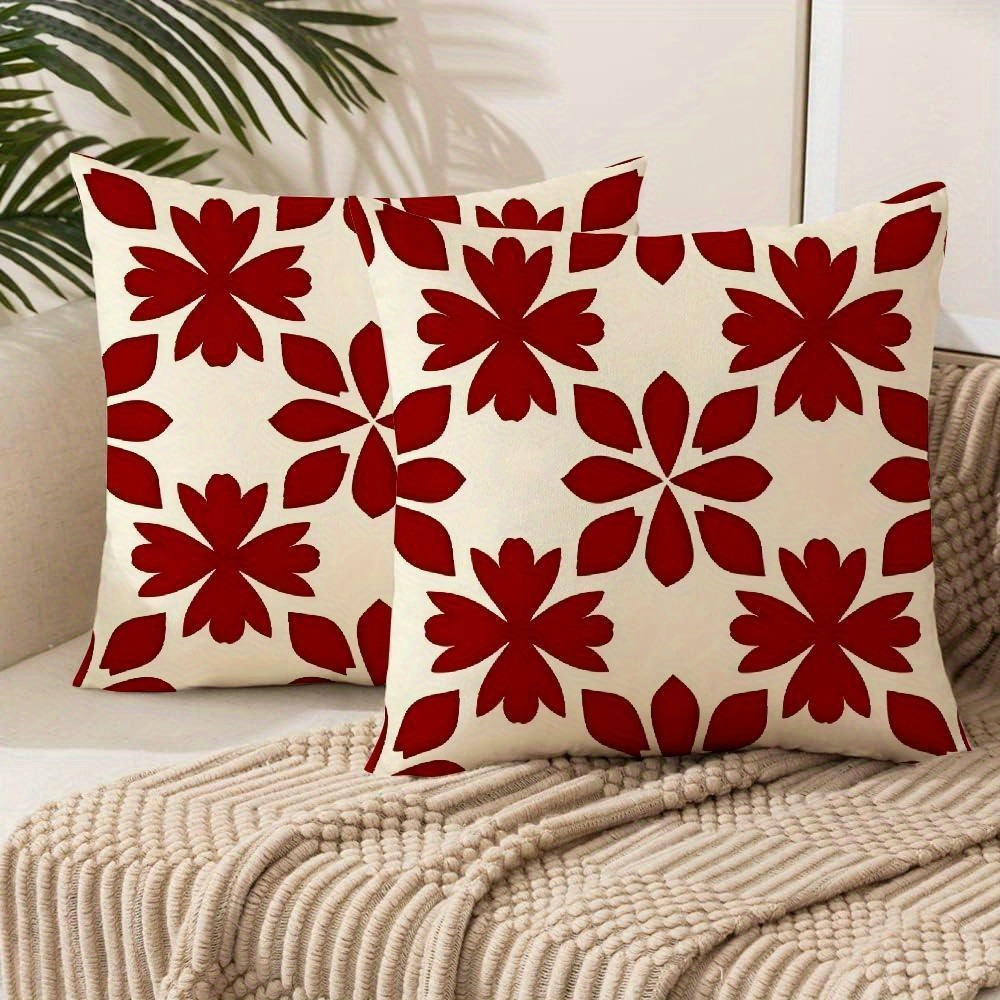 TEMU 2pcs Stylish Polyester Pillowcases With Single-side Red Floral Print, 18 X 18 Inches, No Pillow Core For A In