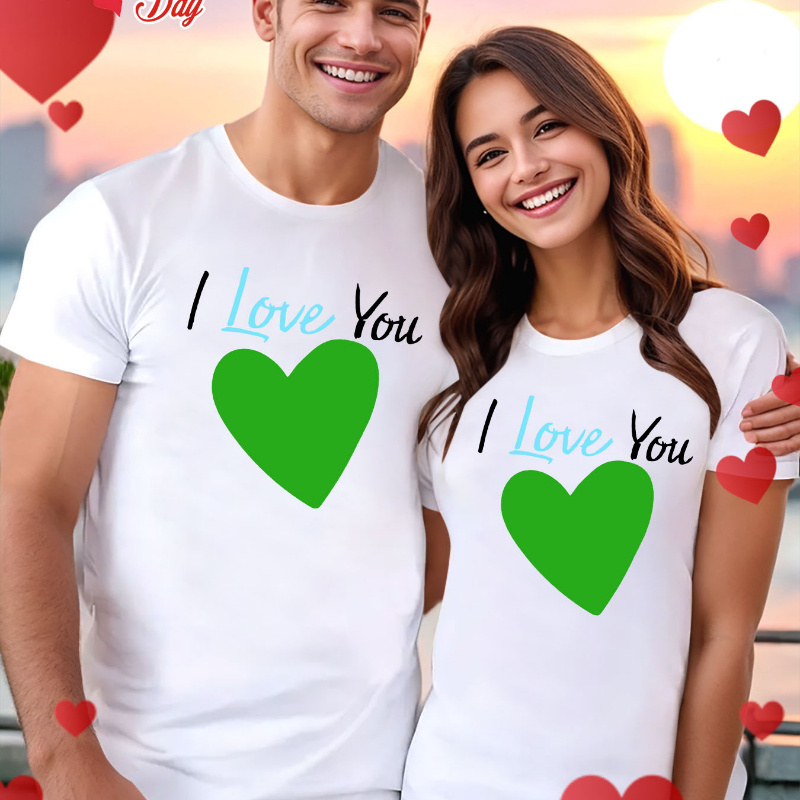 

Couple's Valentine's Day T-shirts, "i Love You" Heart Print, Casual Crew Neck Short Sleeve Tops, 100% Polyester Knit Fabric, Slight Stretch, All Season Wear