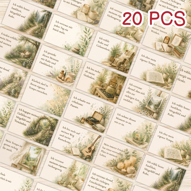 Image of 20pcs German Positive Affirmation Greeting Cards: Retro Watercolor Style ( Theme), Mini Sticky Notes With Soothing And Self-care Messages; Combining Natural Aesthetics And Power