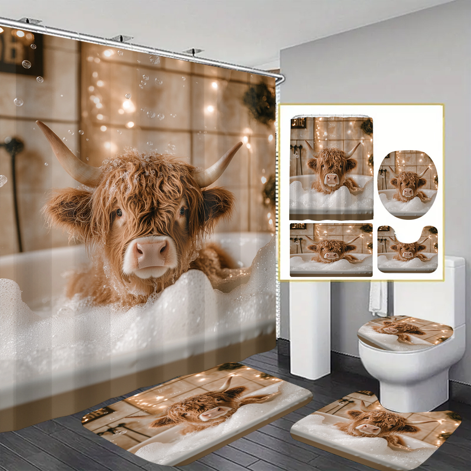 

Bath Cow Themed Shower Curtain Waterproof 12 Hooks Suitable For Room Machine Washable Curtain Waterproof Bathroom 1pc/4pcs