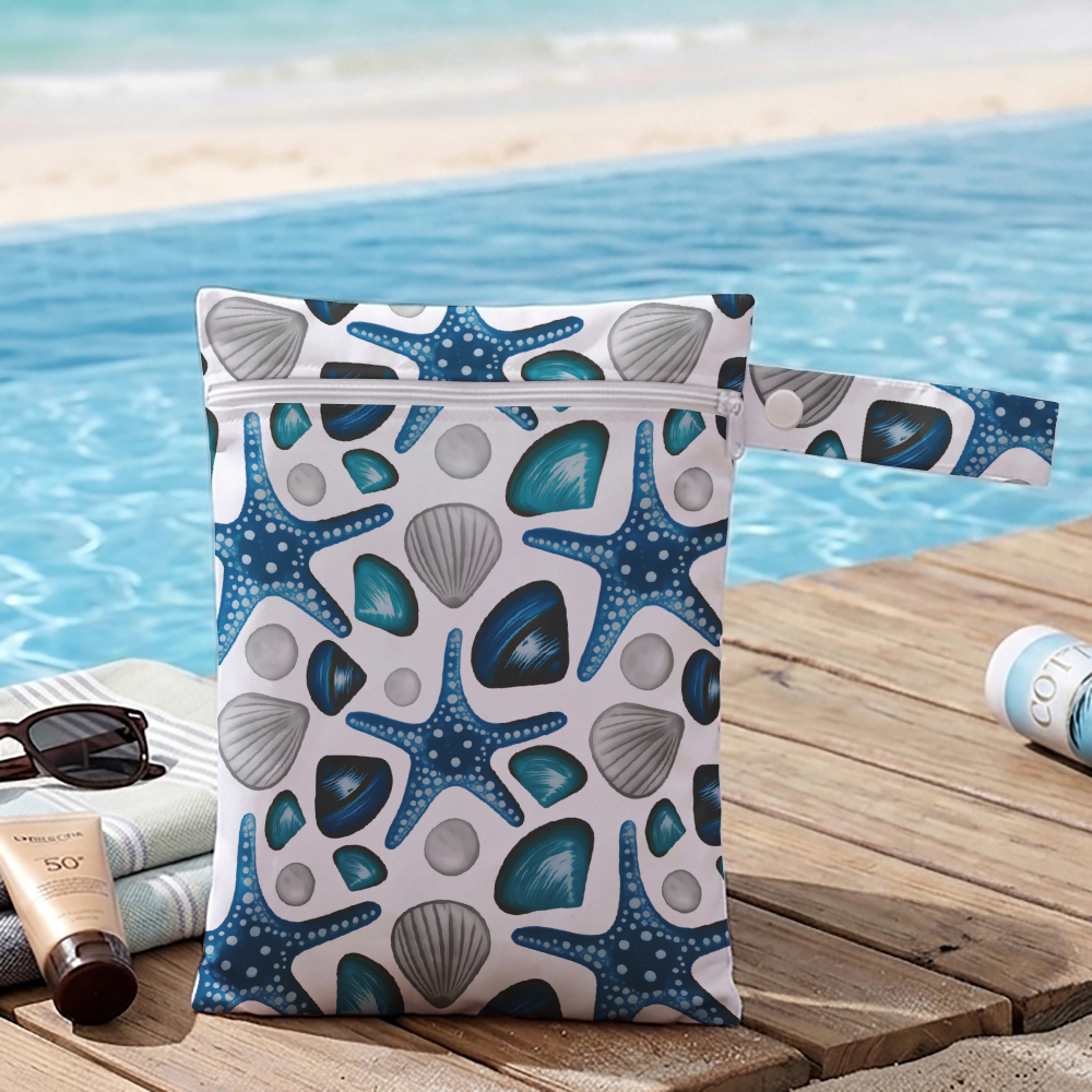 TEMU 1pc Starfish Seashell Print Reusable Washable Wet Dry Bag Beach Swim Travel Storage Pouch For Diaper Swimsuit Toiletries