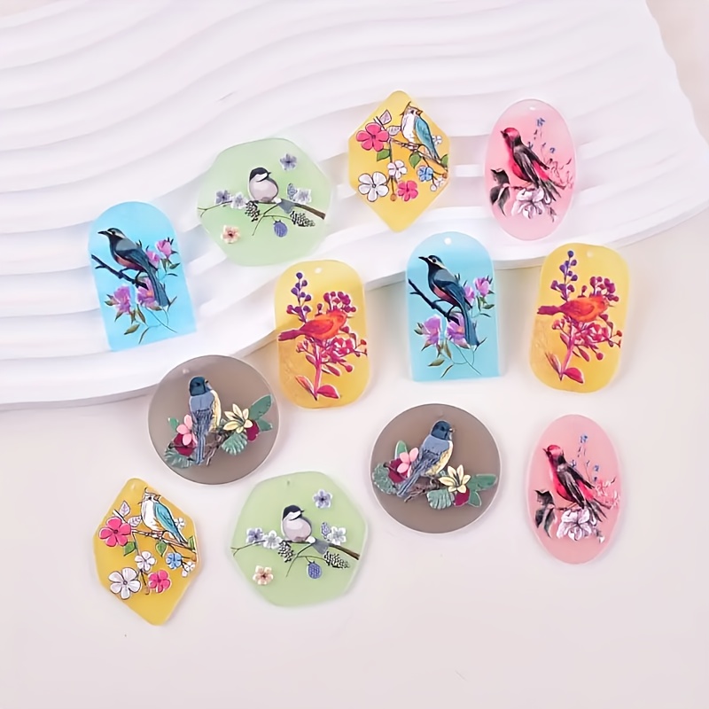 12pcs Flower and Bird Acrylic Charms for DIY Jewelry