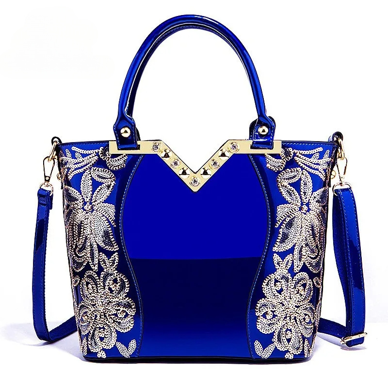 Image of Designer Floral Embroidery Patent Leather Handbag For Women, Large Capacity Shoulder Tote With Zipper Closure, Polyester Lined, Paint Detail, Party Bag
