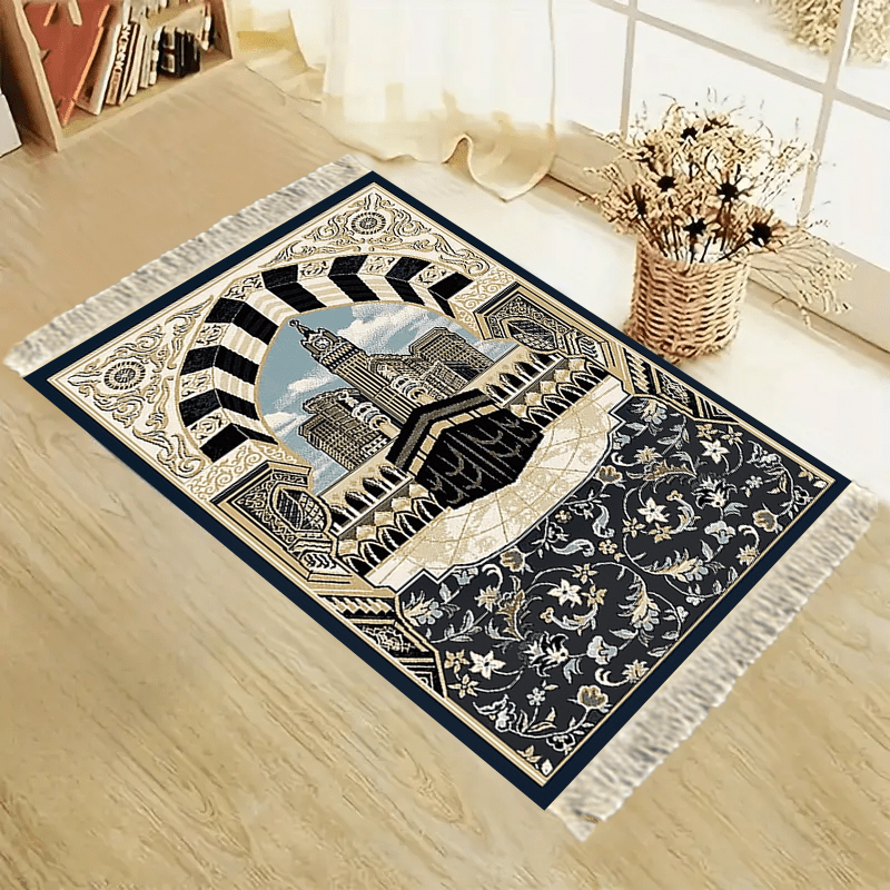 

1pc Elegant Portable & Foldable Mat With Blue Architecture Design - Soft Polyester, Machine Washable, Ideal For Ramadan & Activities, Use Indoors & Outdoors, Study Rooms & Living , Home Decor