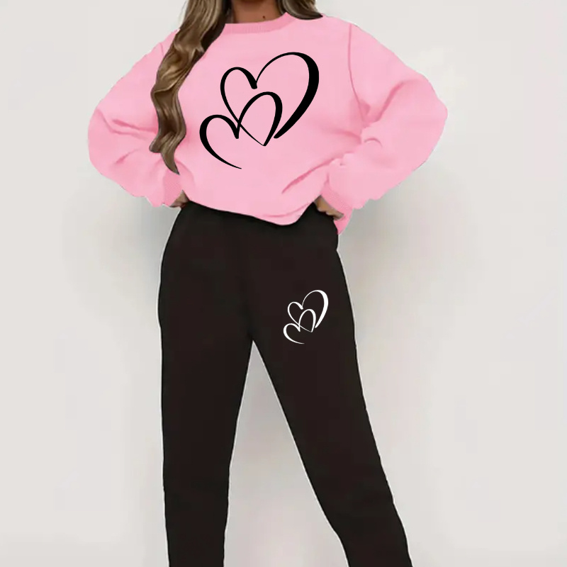 

Women's Casual Polyester Tracksuit, Crew Neck Sweatshirt And Joggers, Cozy Fleece Cartoon Heart Print Loungewear Set, For Fall/winter