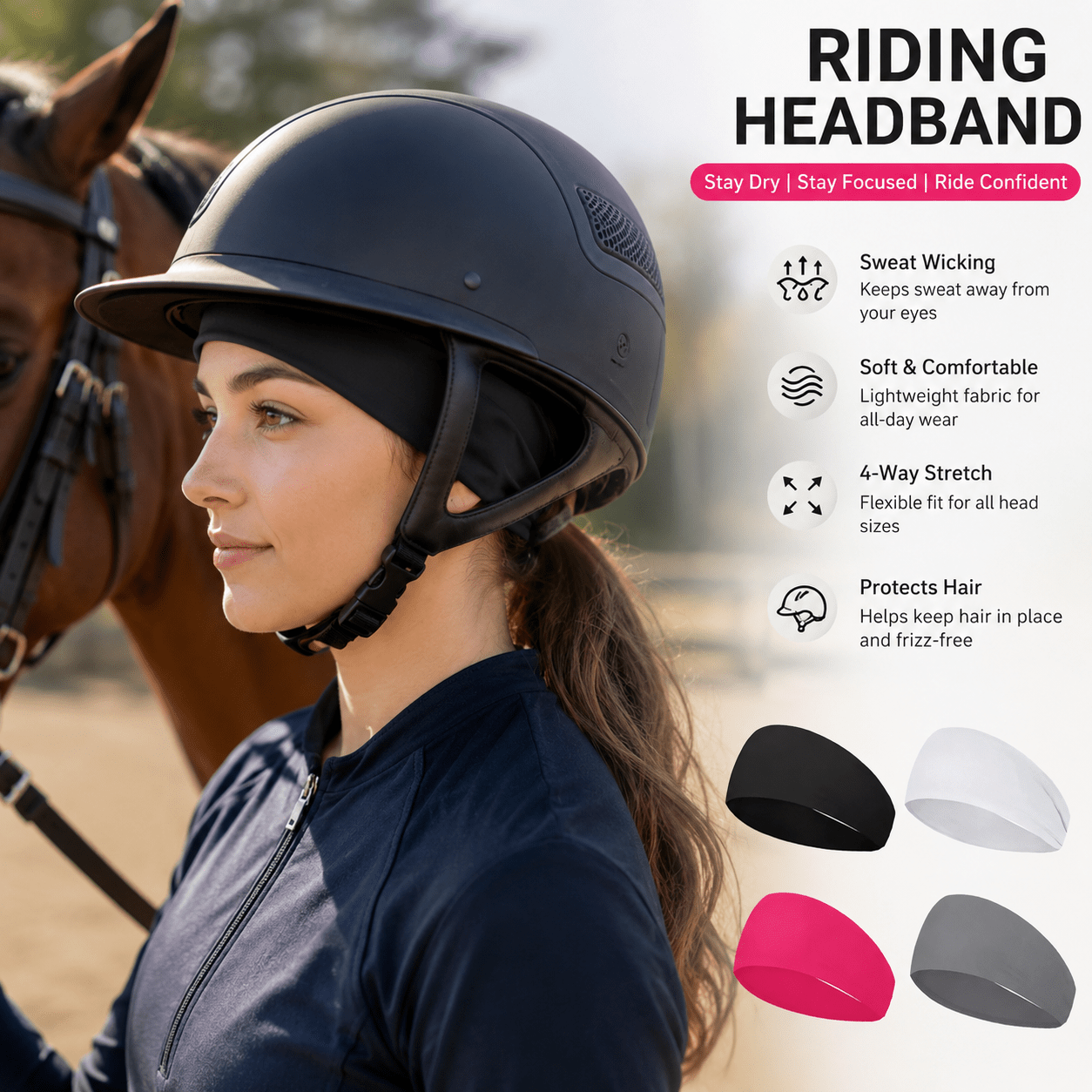 TEMU 4pcs Pack Equestrian Headbands Suitable For Riding & Cycling Helmets - Sweat-wicking Hair For Under Helmets, Earplug-compatible, Multicolor &
