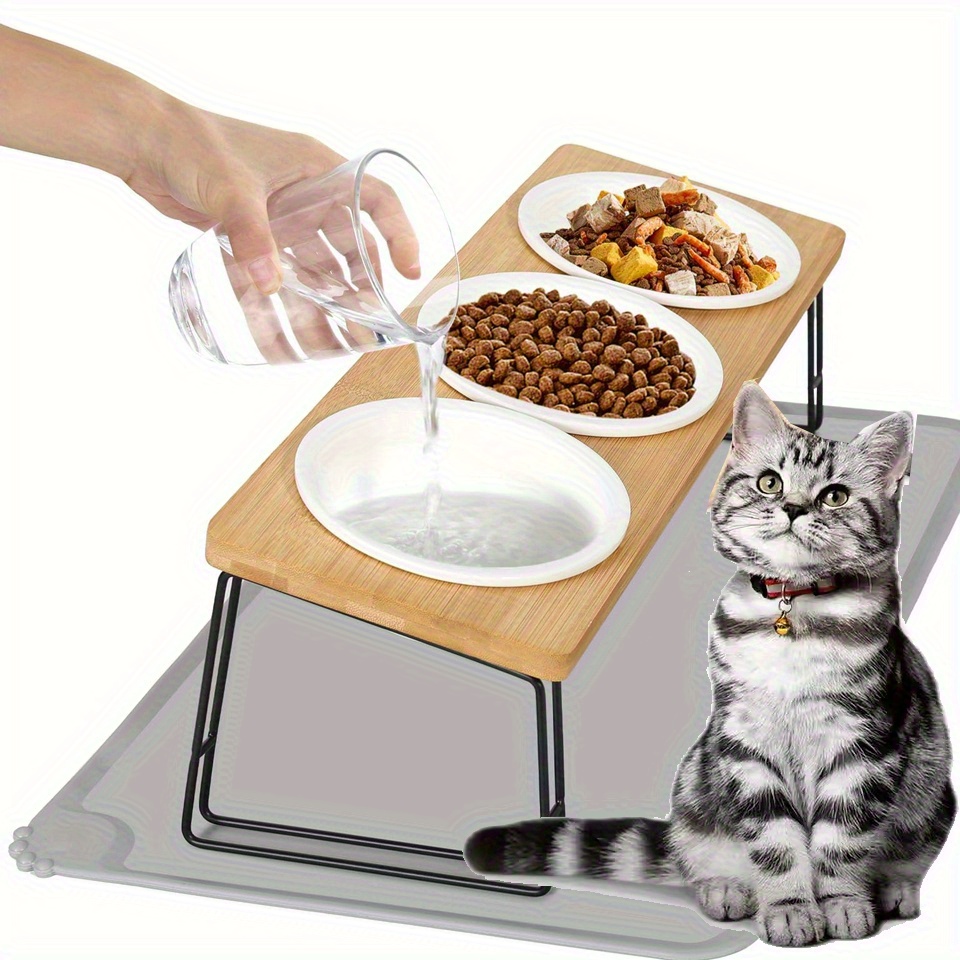 Image of Raised Cat Bowl, Cat Bowls With Stand Tilted For Cats, Cat Bowls On Stand, Tilted Wood Stand With 3 Bowls For Pets Cats Puppies Food And Water Feeding