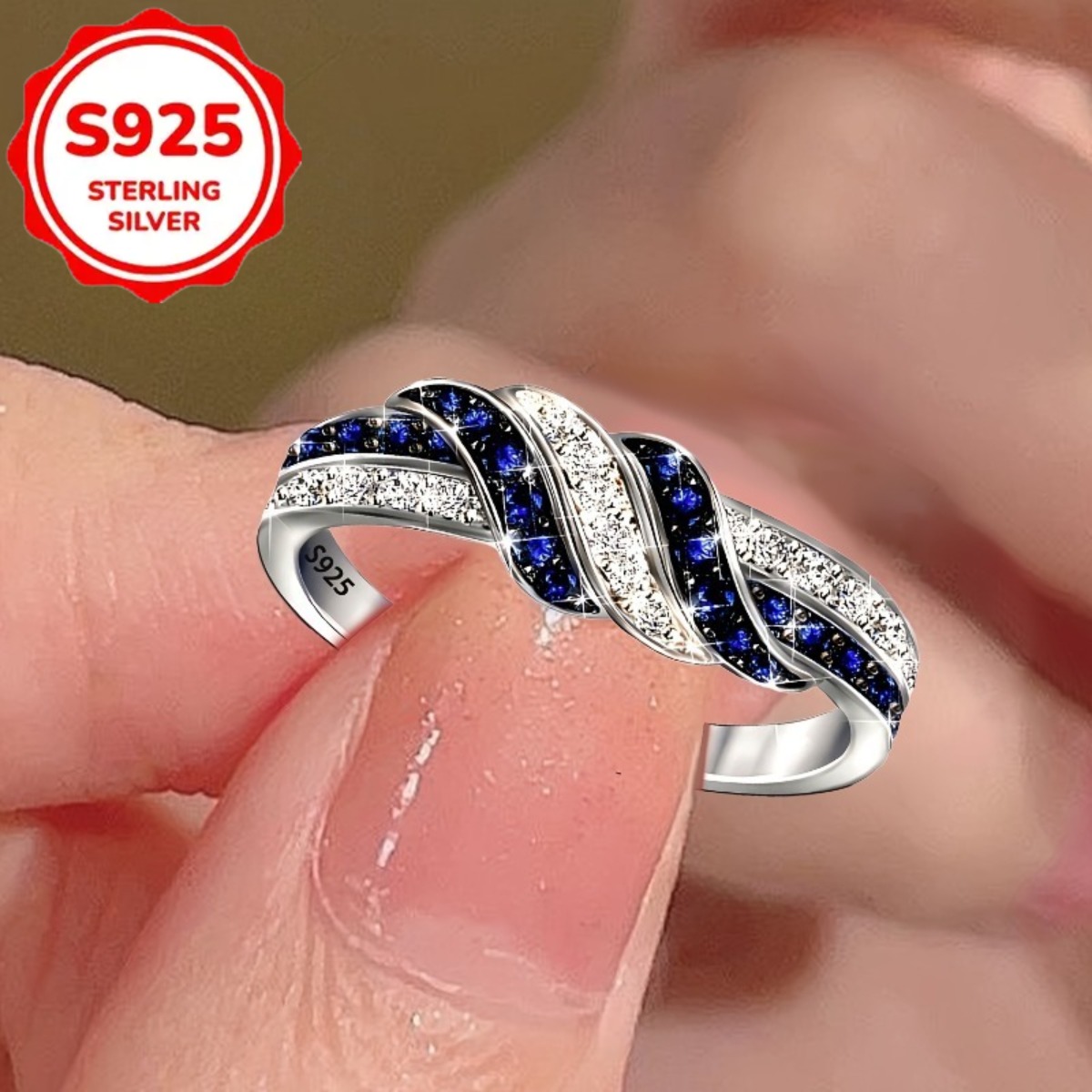 TEMU Ladies' Elegant Twisted Design Ring, S925 Pure Silvery, Inlaid With Synthetic Zirconia, Suitable For Weddings, Proposals, Anniversary Gifts, ,