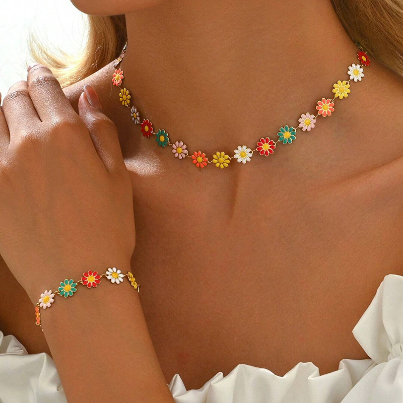 TEMU Parure de 2 pièces collier et bracelet chaîne à petites marguerites douces et colorées d'été, parure polyvalente à avec bracelet et collier à