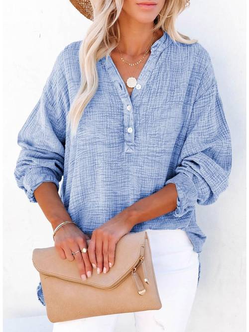 womens casual oversized v neck blouse long sleeve button solid color pleated detail lightweight breathable fabric