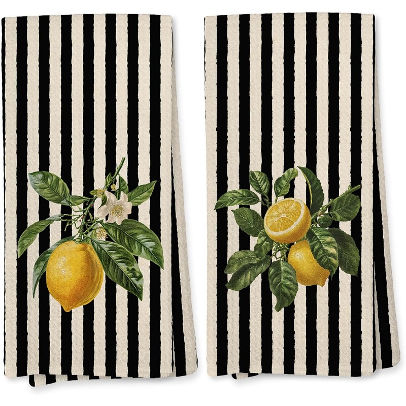 TEMU 2pcs Set 16 X 24 Inch Lemon Striped Dish Towels, Lemon Women's Gift Kitchen Decor Scouring Pads, Neutral Striped Summer Fruit Dish Towels,