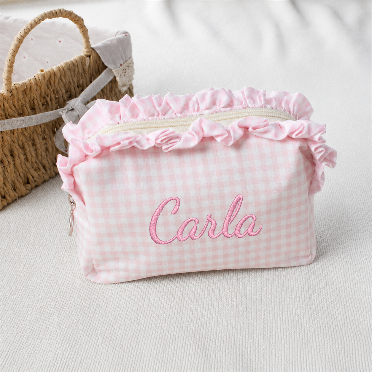 TEMU Personalized Gingham Cosmetic Bag With Custom Name Embroidery, Fashion Ruffle Trim Small Organizer Pouch, Portable Toiletry Bag, Makeup Storage