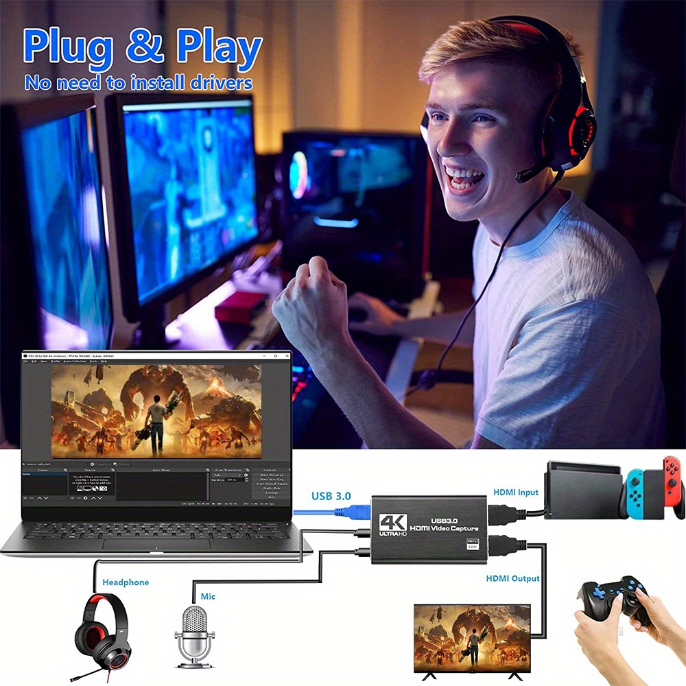 USB 3.0 HDTV Video 4K Ultra HD Capture Card, Live Video Data Camera for PS4 Game Console Recording Audio Capture with Loop Output Support, 1080P 60FPS