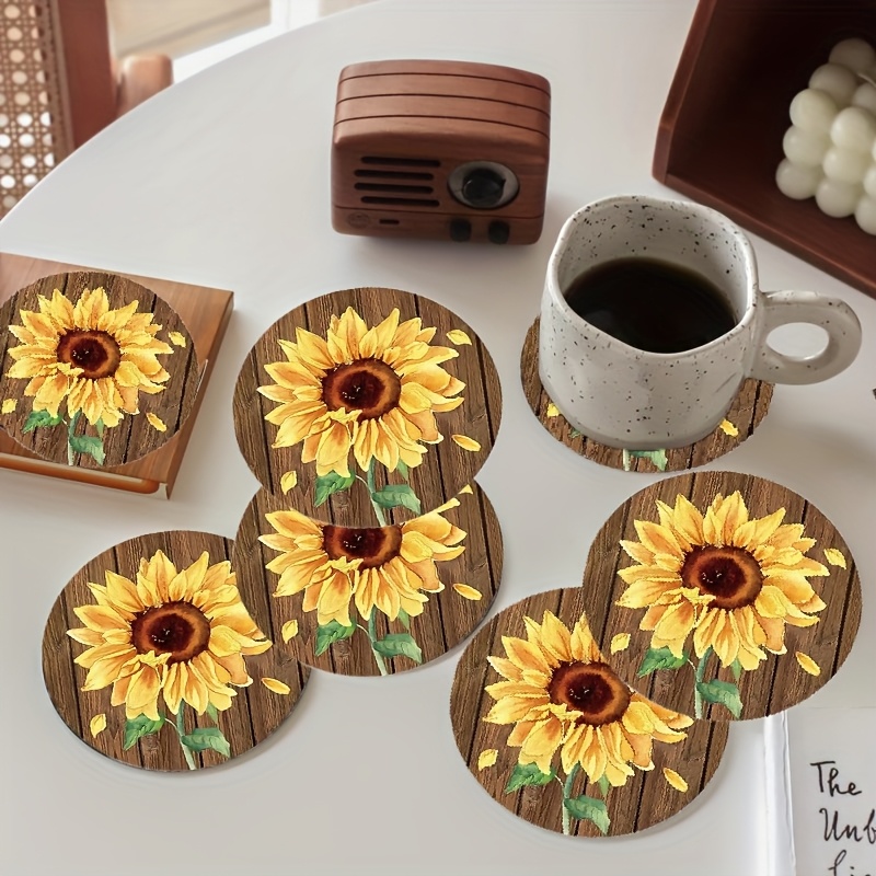 TEMU A Set Of 6 Wooden Coasters Featuring A Sunflower Print Design, Drinks, Coffee, And Tea. Ideal For Home, Office, Restaurant, And Party Decoration