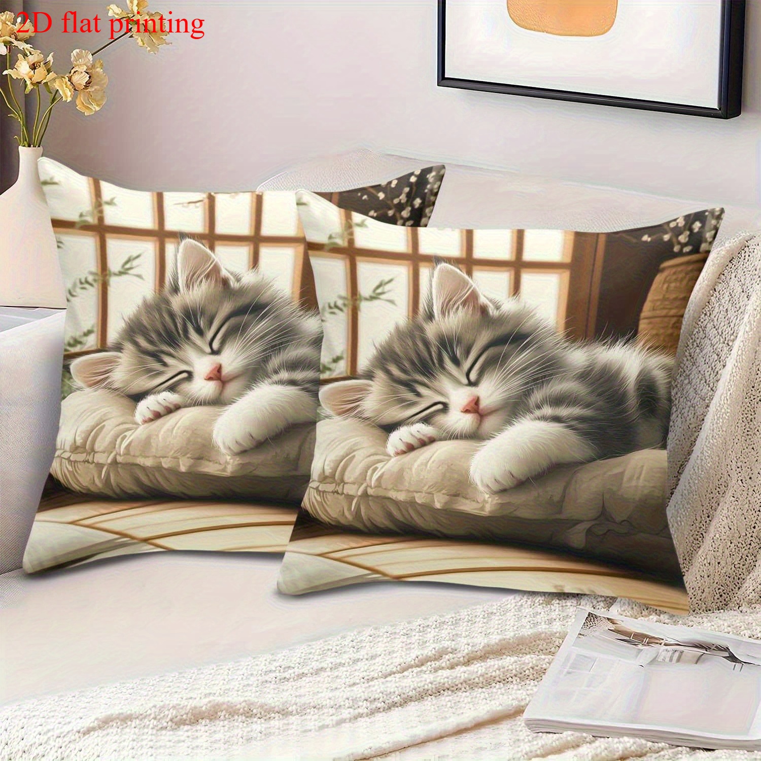 TEMU 2d Flat - Set Of 2 Sleeping Cat Pillow Covers In Sizes (16x16, 18x18, 20x20 Inches), Featuring A Cute Design Made Of Soft Velvet, Suitable For