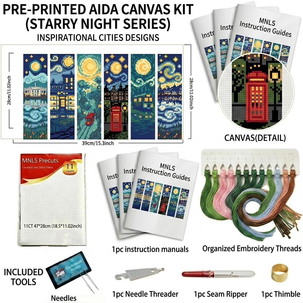 TEMU Kit de marque-page point de croix : 6 styles de d'architecture de style Van Gogh, outils et couleurs aléatoires, sac de matériel d'artisanat de