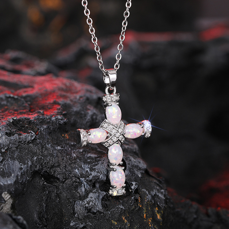 Women's S925 Silver Classic Cross Pendant Necklace with Synthetic Opal