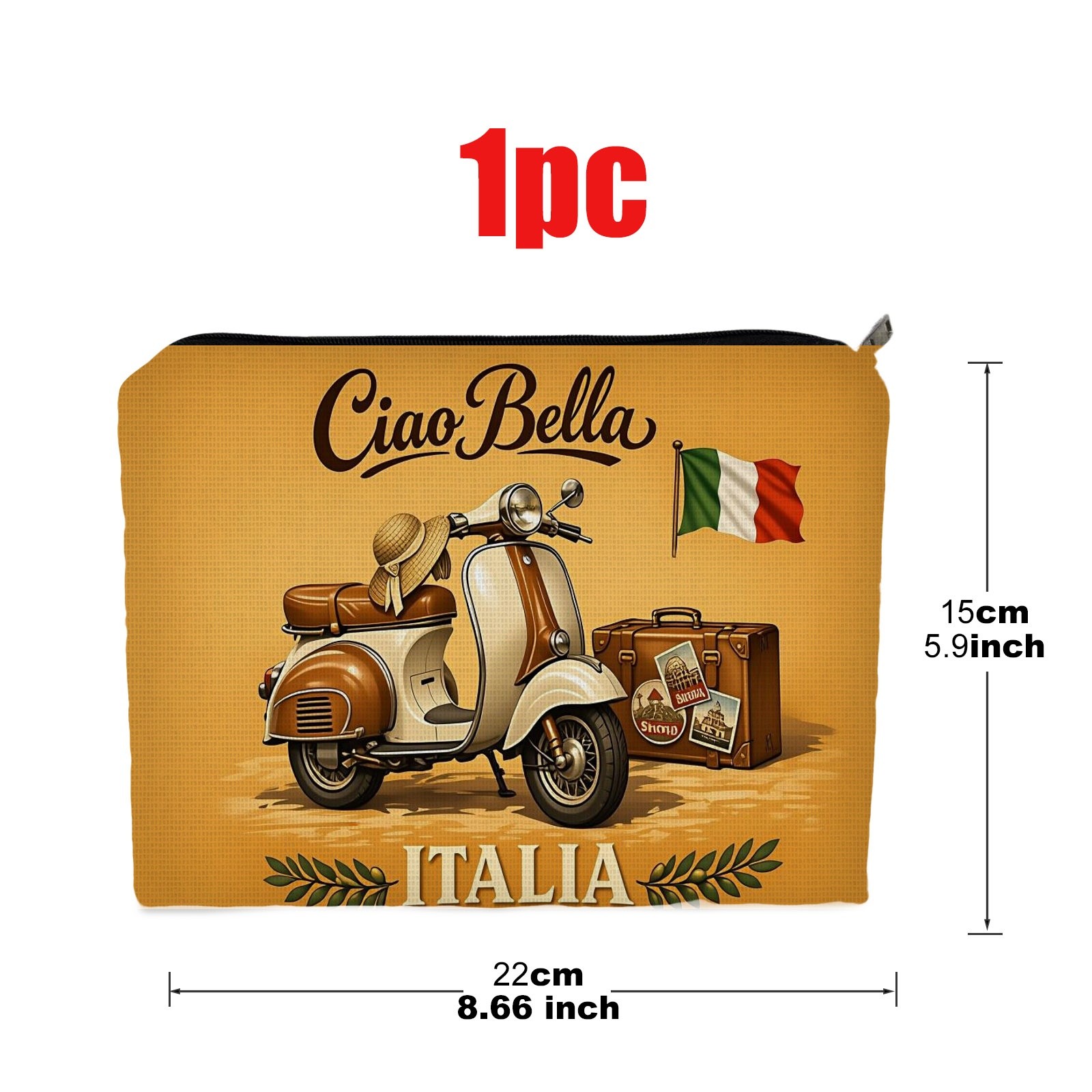 TEMU 1 pz. Trousse da trucco a tema Italia, con design a , misura 5.9 pollici x 8.66 pollici, realizzata in poliestere, con motivo vintage di scooter
