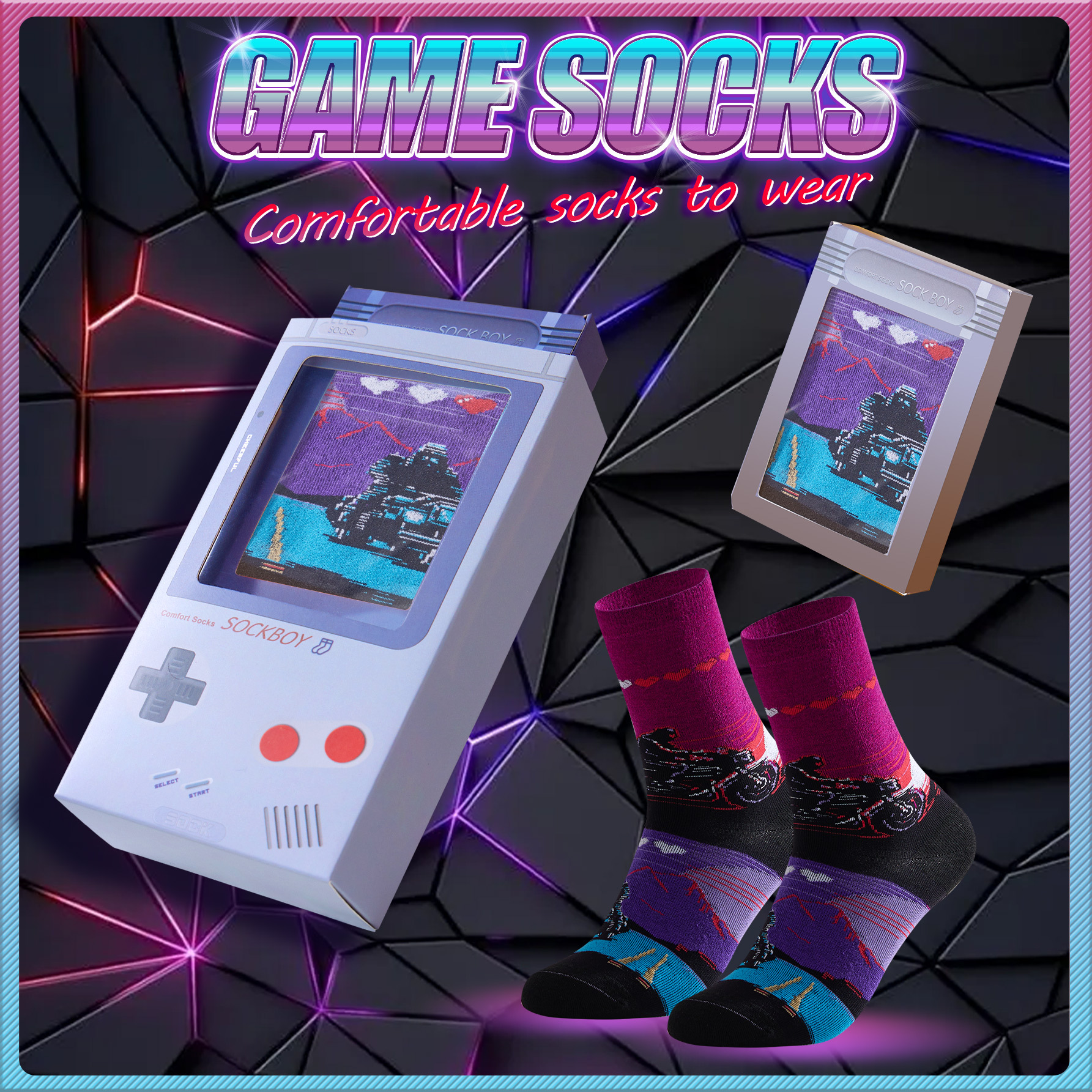 

1 Pair Game Console Design Fun Socks, Unisex Polyester Spandex , Geometric Pattern, Medium Size, With Gift Box, For Motorcycle, Basketball, Soccer, Beach Volleyball, Surfing, Hand Wash Only