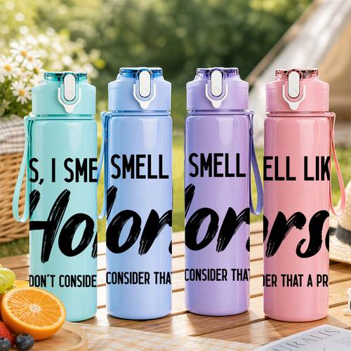 item picture 1pc smelling horse scented humorous slogan printed 750ml 26oz colored plastic sports water bottle travel cup cute printed design leak proof with up lid suitable for outdoor sports camping travel fitness