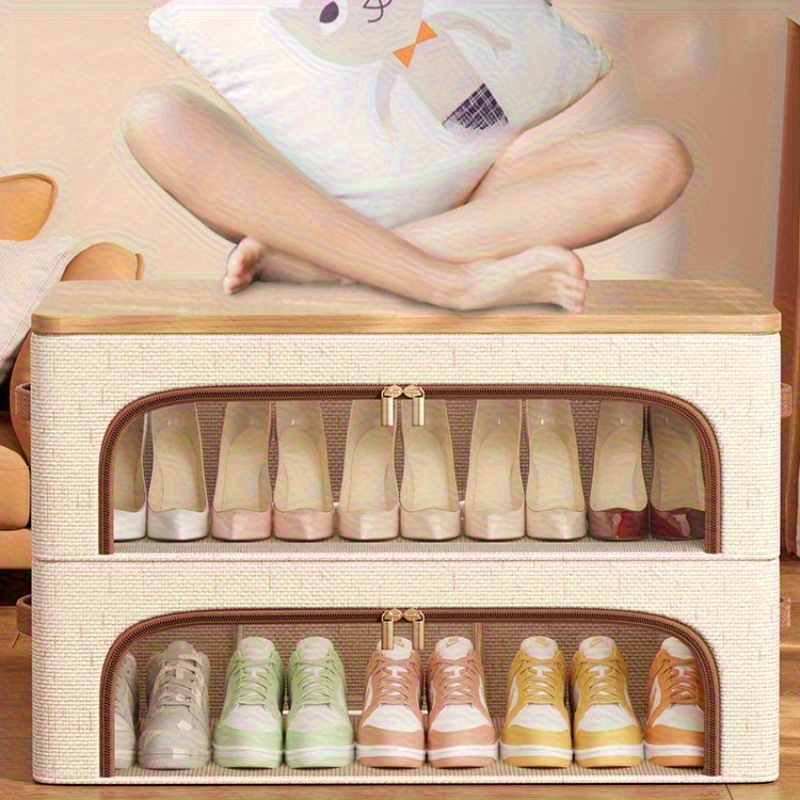 Foldable Double Window Shoe Cabinet, Dust-Proof Stackable Storage