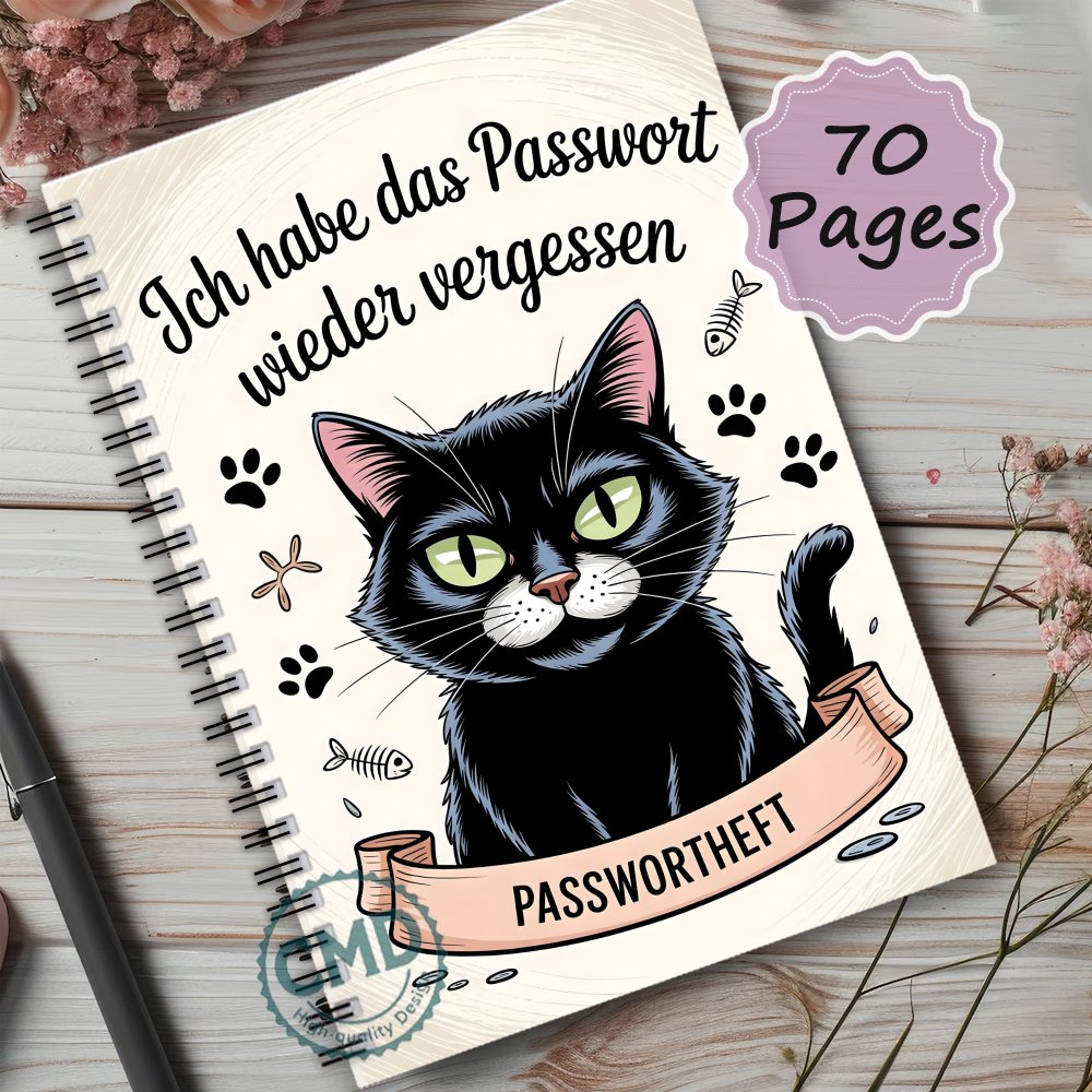 E-shop Deutsches Passwort-Notizbuch, Passwort-Verwalter, Passwort-Buch für Senioren & Erwachsene – Humorvolles schwarze Katze 'Passwortheft'-Design