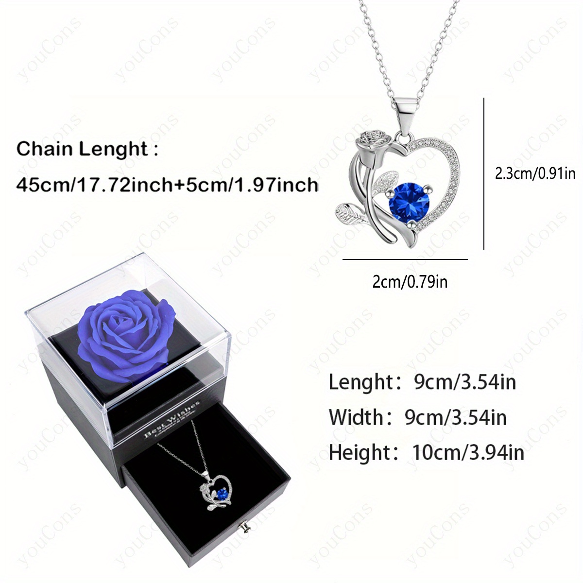 Women's Luxurious Deep Blue Synthetic Zirconia Heart Rose Pendant Necklace