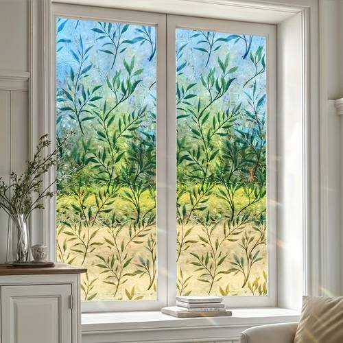 Artikelbild . sichtschutzfolie für fenster mit grünem blatt mondsichel, 3d-klebstofffreier glasaufkleber für büro, badezimmer, wärmeisolations- sonnenschutzfolie