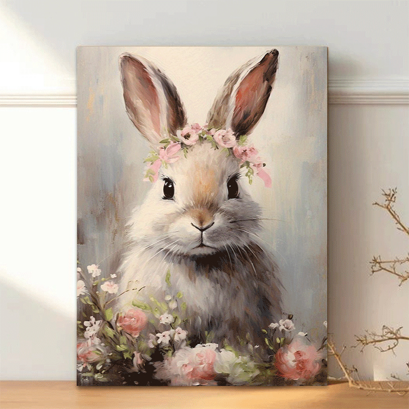 TEMU sur Toile Encadré en Bois - Lapin de Pâques Vibrant 2D - Impression Murale de Haute Qualité avec Toile Enveloppée, Décoration à Accrocher pour