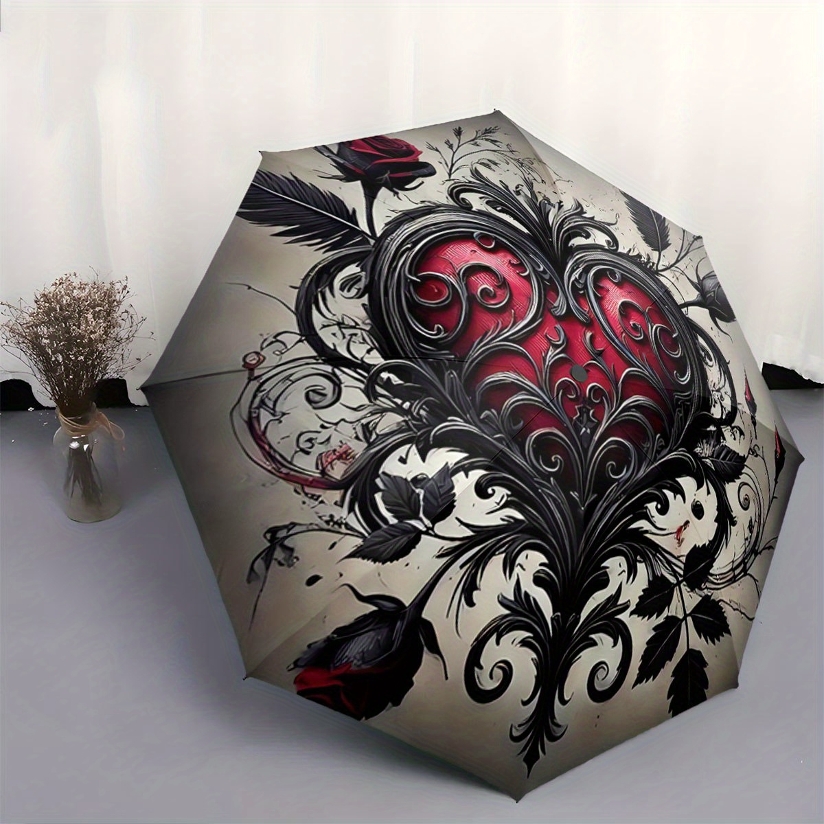 Image of Automatic Folding Umbrella A Red Heart Surrounded By Patterns And Roses. Portable Collapsible Design, Casual Outdoor Accessory, For , Christmas Birthday Festival Gift