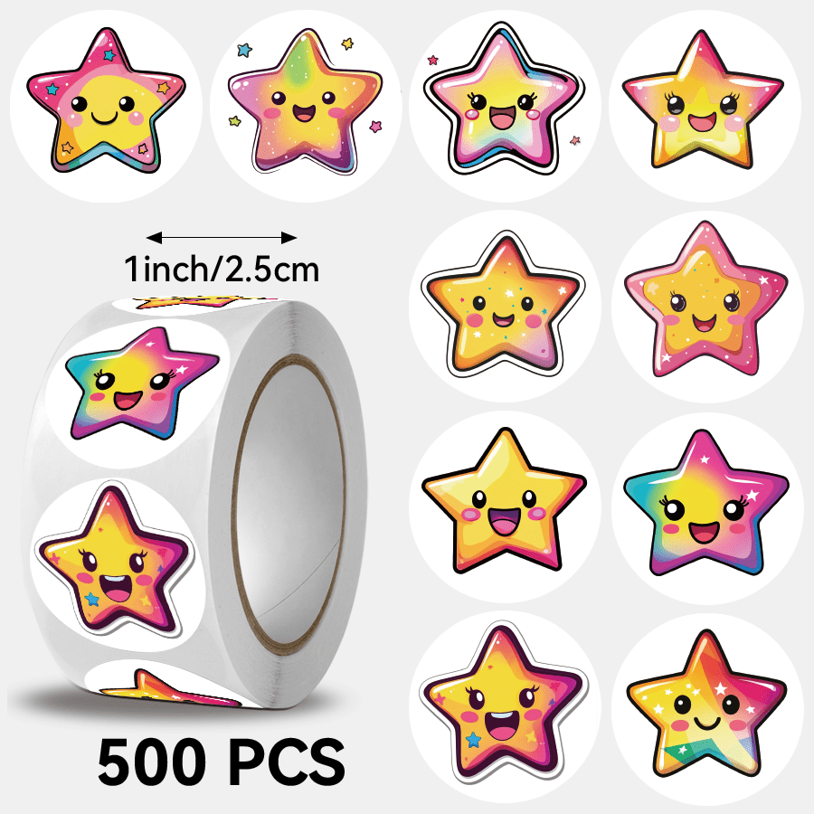 TEMU 500pcs Cute Star Pattern Sticker Roll, Reward Stickers, Suitable For Product Packaging Decoration, Tablets, Phone Cases, Notebooks, Etc., Daily