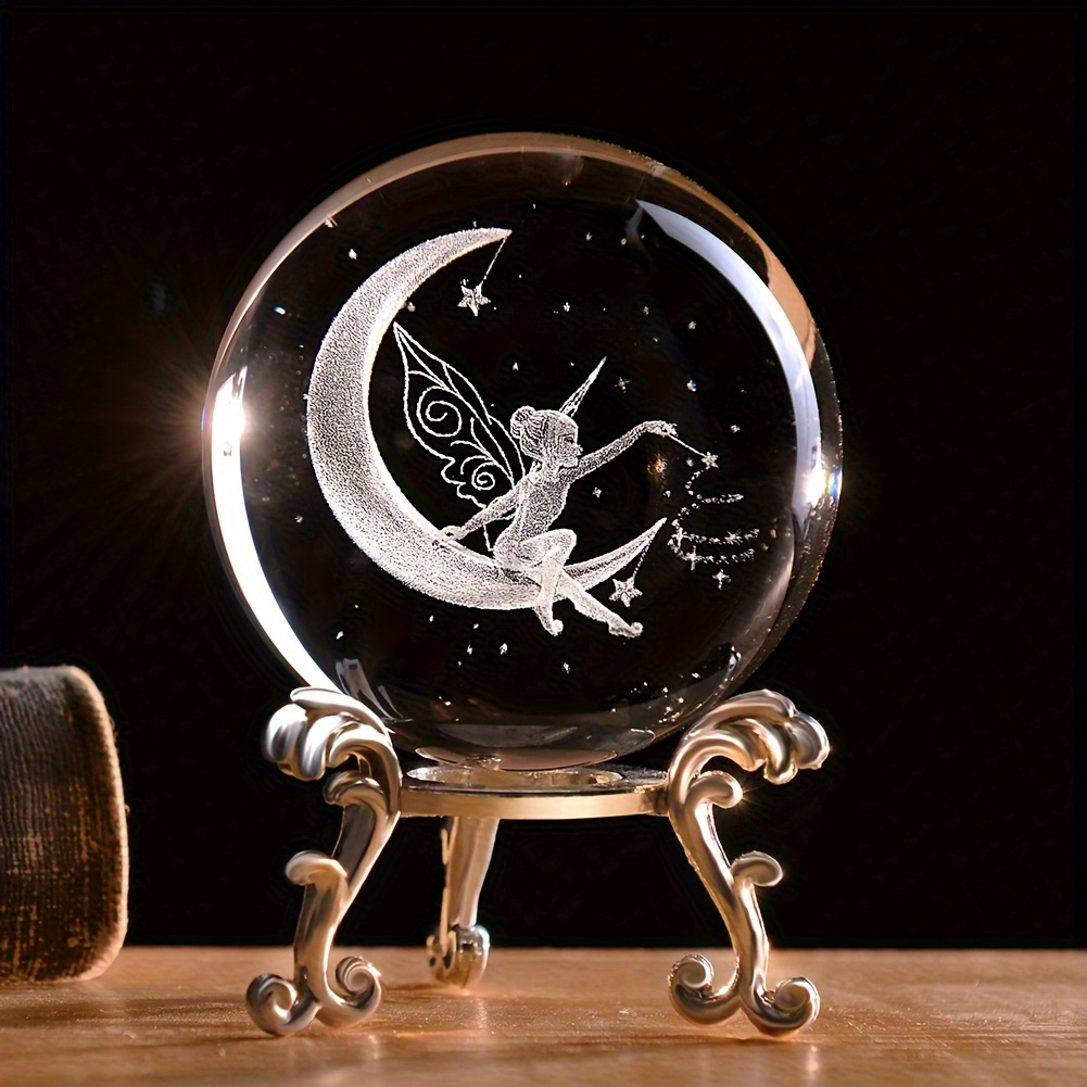 3d Fairy Crystal Ball - 2.4" Moon Fairy Glass Ornament With Metallic Base, Magical Home Decor & Gift For Fairy Lovers Halloween Christmas Decorations