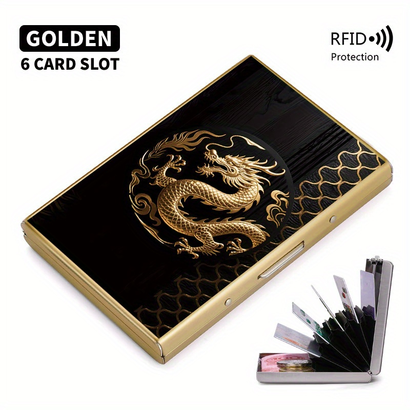 E-shop Edelstahl RFID Anti-Diebstahl Kartenetui mit goldenem Drachen und segensreichen Wolkenmuster für Herren - Stylische schwarze Metall Geldbörse,