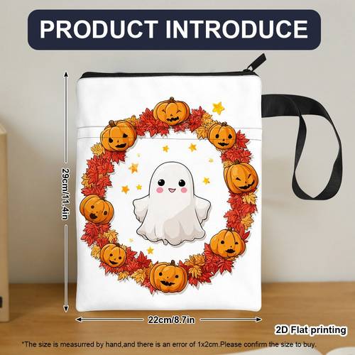 2d flach 1 stück halloween geister kürbis kranz druck tagebuch und notizbuch reißverschlusstasche, tragbare aufbewahrungstasche für den täglichen weg zur arbeit, handlicher multifunktionaler organizer, schönes geschenk für