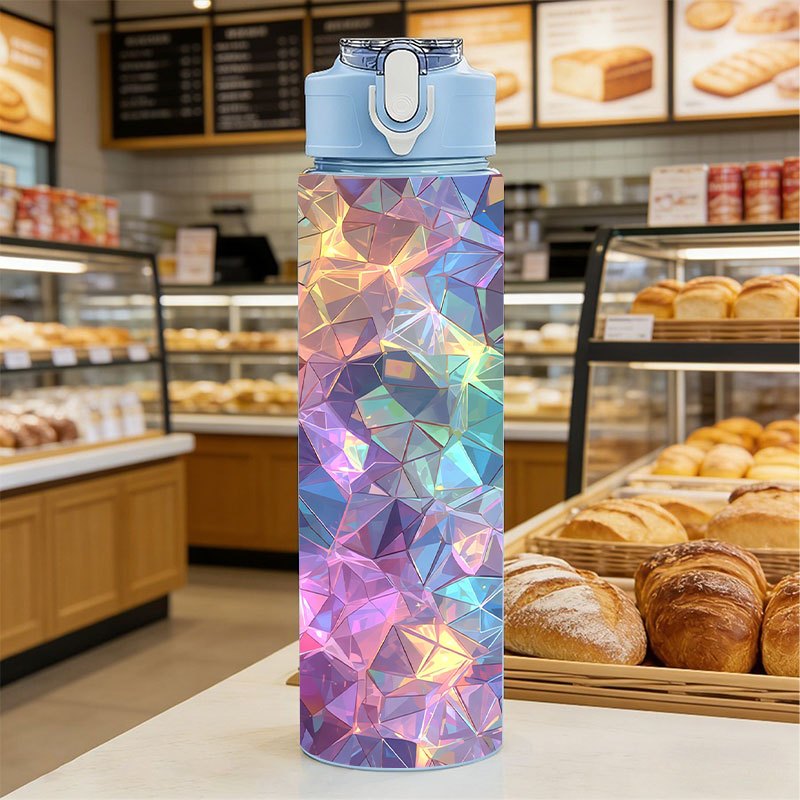TEMU 26oz 750ml 4-color 2d Printed Drinking Cup Plastic Water Bottle, Pop Top Straw Lid & Carry Strap, A , Iridescent Geometric Pattern With Shifting