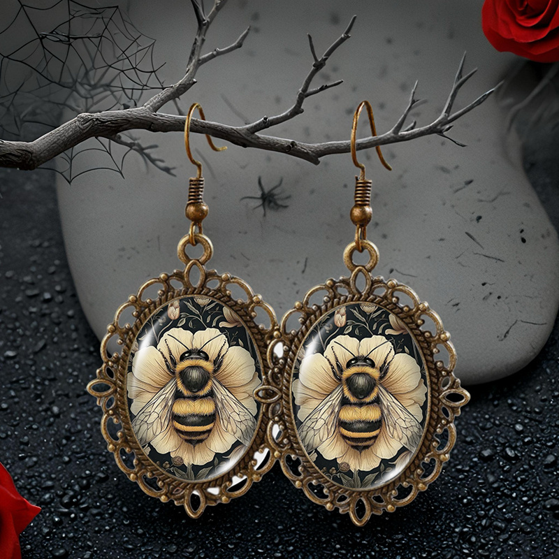 TEMU And Poppy Flower Pattern Oval Glass Cabochon Retro Flower Shaped Dangle Earrings Fashion Handmade Jewelry Additions Gifts, Without Battery