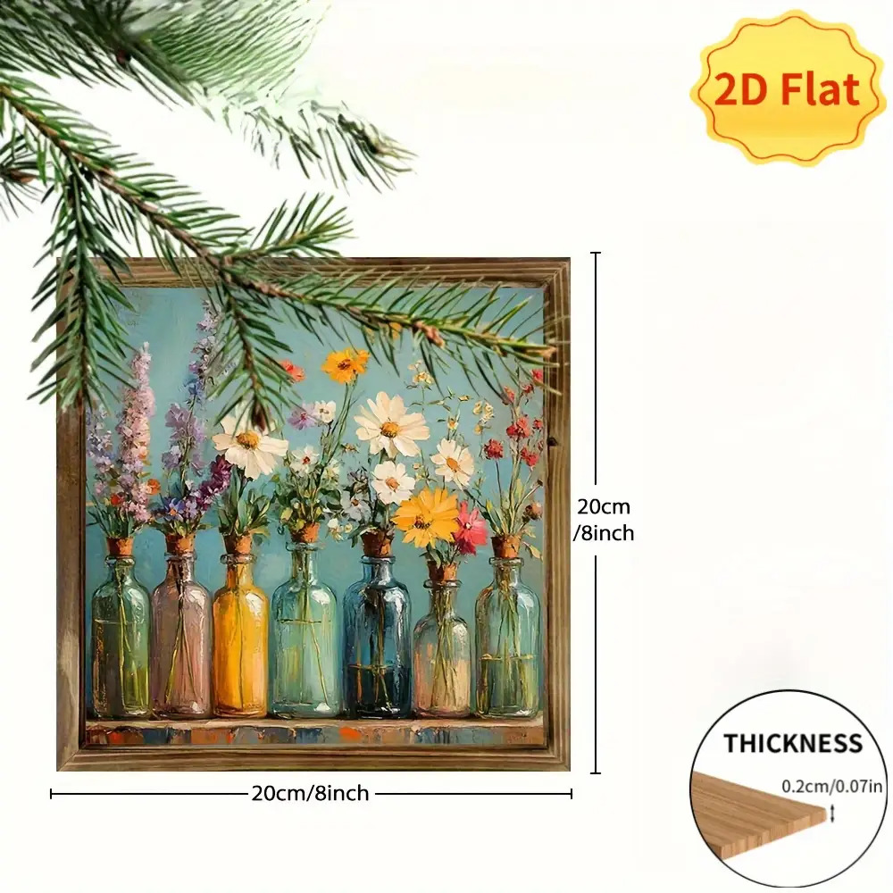 2D Flat, A 2D Flat-printed Wooden 1pc Rustic Wooden Floral Art Sign - Wall Hanging Decoration Featuring Vibrant Spring Flowers and Green Leaves, No Electricity Required, Ideal for Outdoor Decor, Rustic Themes, and New Year Gifts, Outdoor Wall Decor |